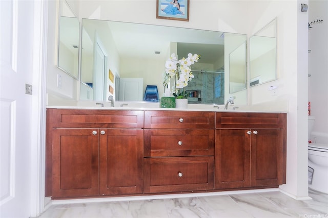 91-1173 Pekau St, Ewa Beach, HI 96706 - bathroom featuring toilet, double vanity, a shower stall, and marble look tile flooring