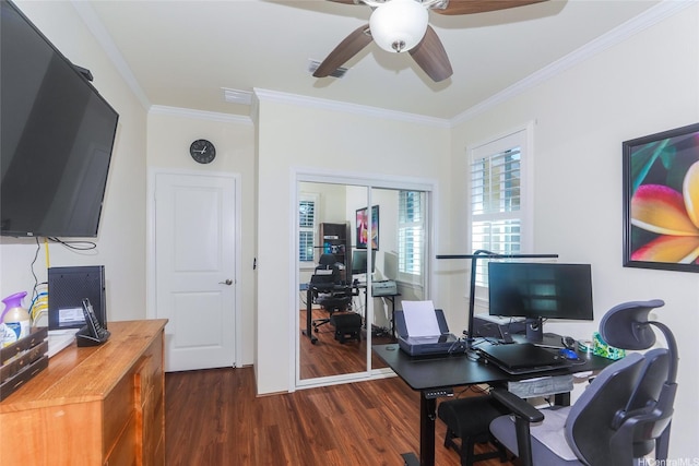 91-1173 Pekau St, Ewa Beach, HI 96706 - office area with dark wood-type flooring, crown molding, and ceiling fan