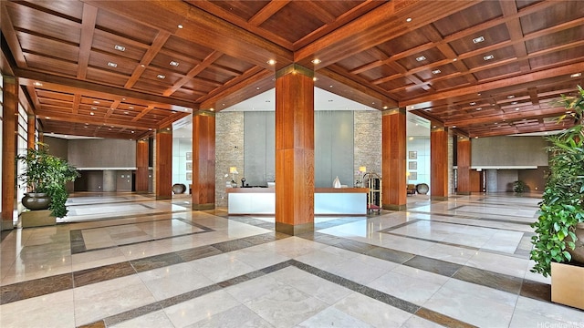1177 Queen St Unit Ph4608, Honolulu, HI 96814 - community lobby with coffered ceiling, wood ceiling with exposed beams, and recessed lighting