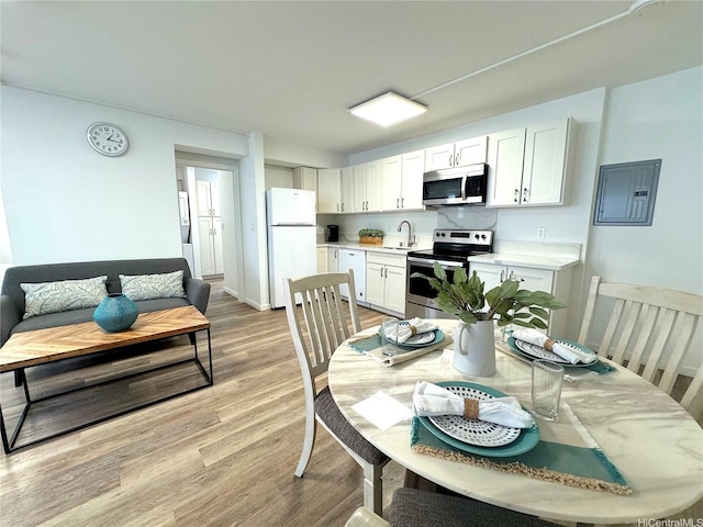 410 Nahua St Unit 302, Honolulu, HI 96815 - kitchen with appliances with stainless steel finishes, a sink, light countertops, electric panel, and white cabinetry