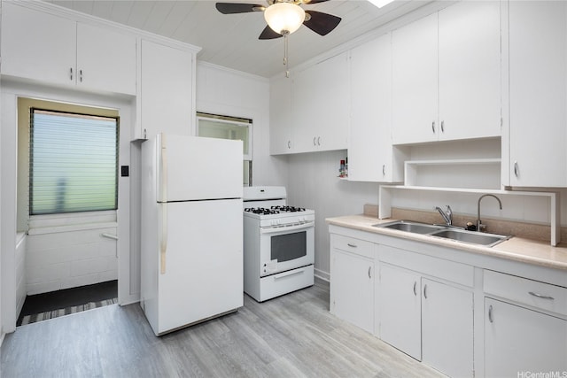 3453 Edna St, Honolulu, HI 96815 - kitchen featuring white appliances, a sink, crown molding, a ceiling fan, and light wood-style floors
