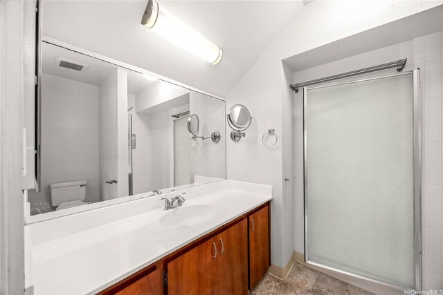 46-049 Aliianela Pl Unit 1713, Kaneohe, HI 96744 - bathroom featuring a stall shower, lofted ceiling, toilet, and vanity