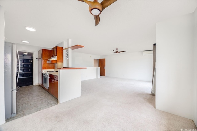 46-049 Aliianela Pl Unit 1713, Kaneohe, HI 96744 - kitchen featuring ceiling fan, freestanding refrigerator, under cabinet range hood, electric range, and a wall mounted AC