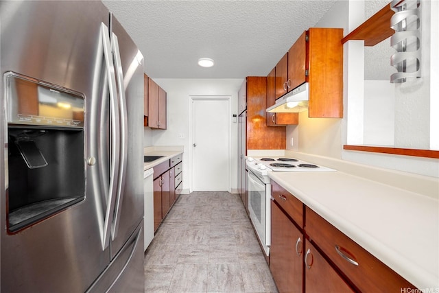 46-049 Aliianela Pl Unit 1713, Kaneohe, HI 96744 - kitchen with stainless steel refrigerator with ice dispenser, white range with electric stovetop, under cabinet range hood, a textured ceiling, and light countertops