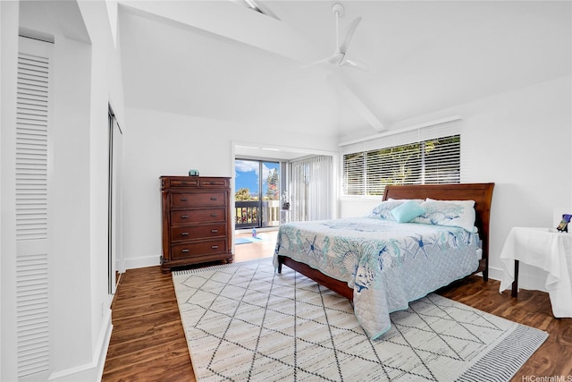 382 Kuanalu Pl, Honolulu, HI 96825 - bedroom with access to exterior, lofted ceiling, wood finished floors, baseboards, and a ceiling fan