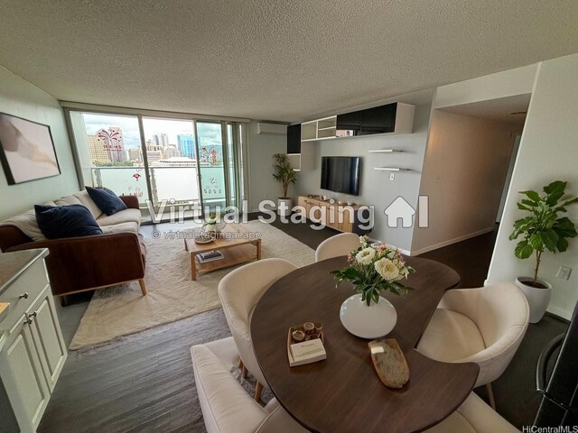 801 S St Unit 1723, Honolulu, HI 96813 - dining room with floor to ceiling windows, dark wood-style flooring, and a textured ceiling