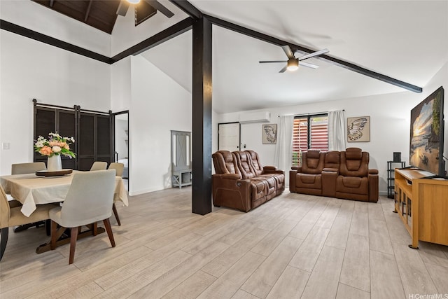 94-265 Anania Dr, Mililani, HI 96789 - living room with ceiling fan, an AC wall unit, beam ceiling, high vaulted ceiling, and light wood-type flooring