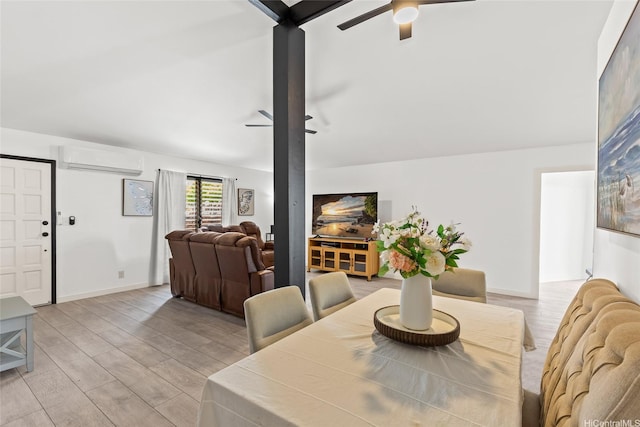 94-265 Anania Dr, Mililani, HI 96789 - dining space with ceiling fan, a wall mounted AC, light wood-style flooring, and lofted ceiling