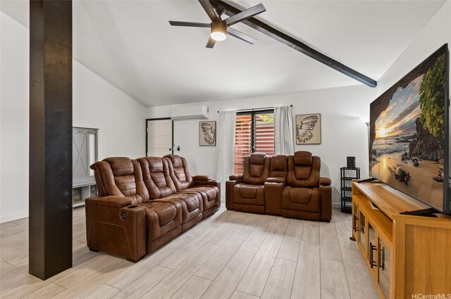 94-265 Anania Dr, Mililani, HI 96789 - living room with light wood-style flooring, ceiling fan, and a wall mounted air conditioner
