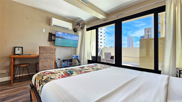 2425 Kuhio Ave Unit 1401, Honolulu, HI 96815 - bedroom with a wall mounted air conditioner, wood finished floors, access to exterior, beamed ceiling, and baseboards