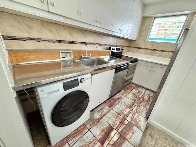 410 Nahua St Unit 404, Honolulu, HI 96815 - kitchen featuring washer / dryer, light countertops, backsplash, appliances with stainless steel finishes, and white cabinets