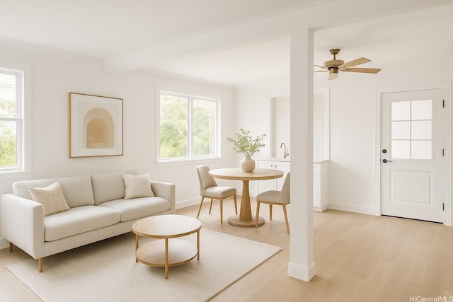 51-470 Lihimauna Rd, Kaaawa, HI 96730 - living area with healthy amount of natural light, light wood-style floors, beamed ceiling, a ceiling fan, and baseboards