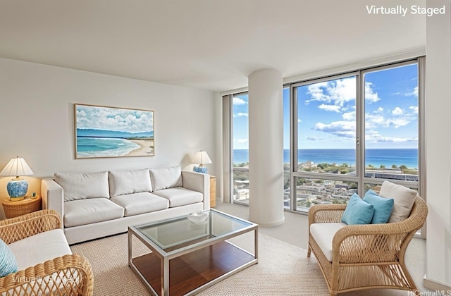 555 S St Unit 2905, Honolulu, HI 96813 - living area with a water view, a wall of windows, and carpet