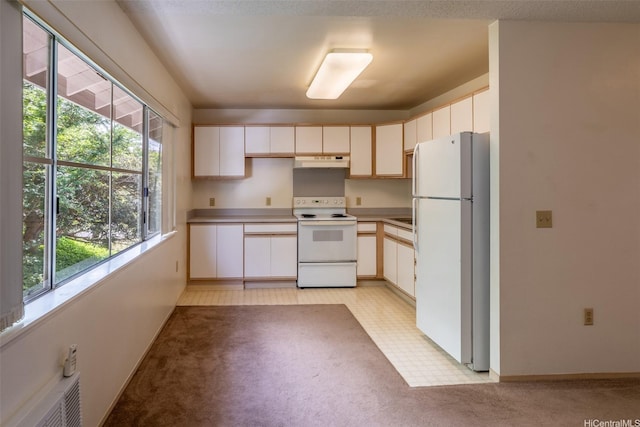 95-1045 Kaapeha St Unit 172, Mililani, HI 96789 - kitchen featuring white appliances, under cabinet range hood, plenty of natural light, and light colored carpet