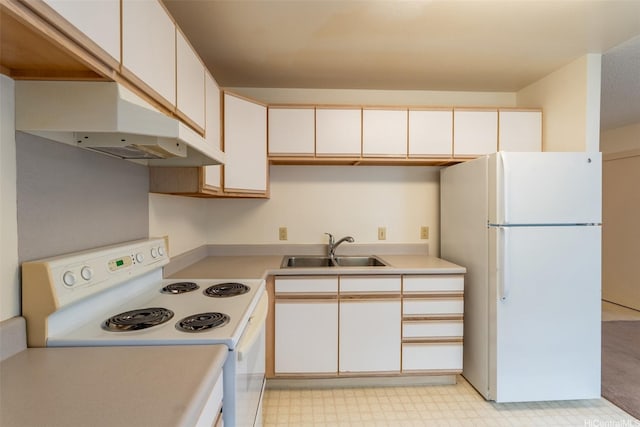 95-1045 Kaapeha St Unit 172, Mililani, HI 96789 - kitchen featuring white appliances, under cabinet range hood, a sink, light countertops, and white cabinets