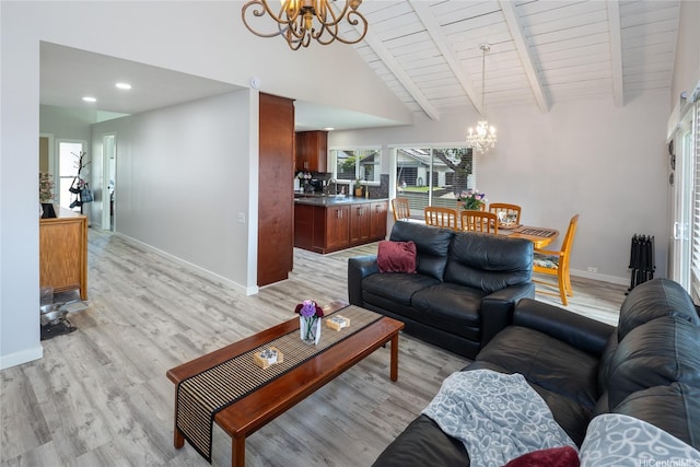 7549 Puumahoe Pl, Honolulu, HI 96825 - living area featuring a chandelier, baseboards, light wood-style flooring, wood ceiling, and recessed lighting