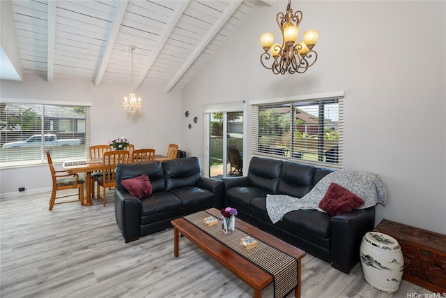 7549 Puumahoe Pl, Honolulu, HI 96825 - living room featuring a chandelier, wood finished floors, beamed ceiling, high vaulted ceiling, and wooden ceiling