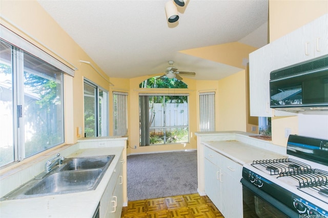 91-1006 Wahineomao Pl, Ewa Beach, HI 96706 - kitchen with gas range, black microwave, a sink, light countertops, and a ceiling fan