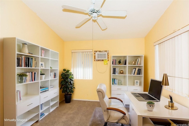 91-1006 Wahineomao Pl, Ewa Beach, HI 96706 - office area featuring carpet, ceiling fan, a wall mounted air conditioner, and baseboards