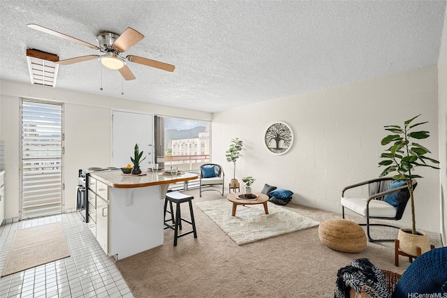 1670 Kalakaua Ave Unit 803, Honolulu, HI 96826 - living area with plenty of natural light, ceiling fan, a textured ceiling, and concrete block wall