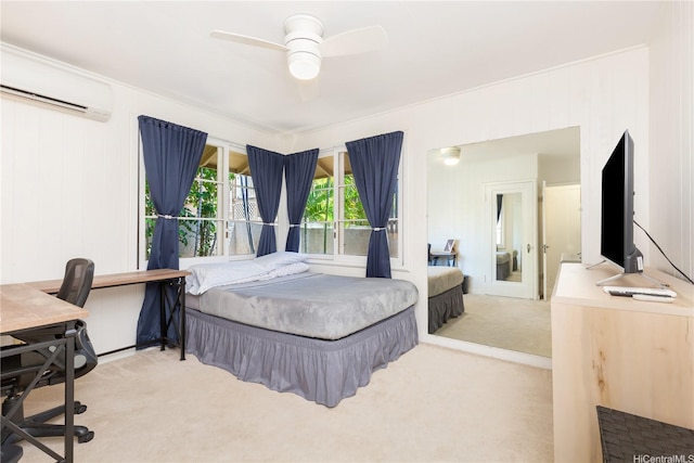 3115 Kaunaoa St, Honolulu, HI 96815 - carpeted bedroom with a wall mounted air conditioner, an office area, and ceiling fan