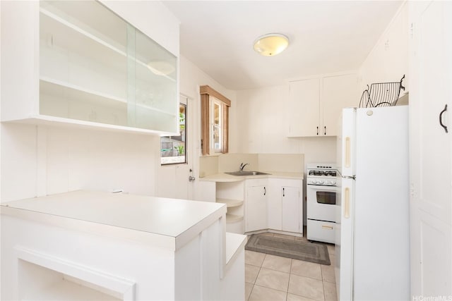 3115 Kaunaoa St, Honolulu, HI 96815 - kitchen with white appliances, a sink, open shelves, light countertops, and light tile patterned floors