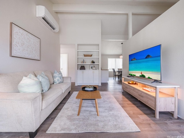 45-812 Kupohu St, Kaneohe, HI 96744 - living room featuring a wall unit AC, wood finished floors, beam ceiling, and high vaulted ceiling