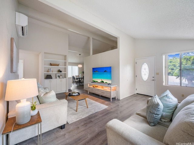 45-812 Kupohu St, Kaneohe, HI 96744 - living room featuring an AC wall unit, high vaulted ceiling, wood finished floors, and a textured ceiling