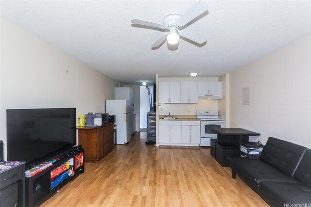 1718 Anapuni St Unit 205, Honolulu, HI 96822 - living room featuring light wood-style floors, ceiling fan, and a textured ceiling