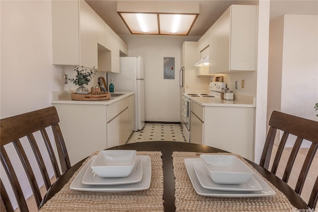 94-1064 Paawalu St Unit N1, Waipahu, HI 96797 - kitchen featuring white appliances, electric panel, under cabinet range hood, and light countertops