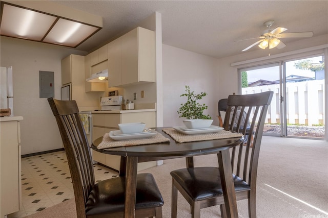 94-1064 Paawalu St Unit N1, Waipahu, HI 96797 - dining area with electric panel, ceiling fan, light colored carpet, and baseboards