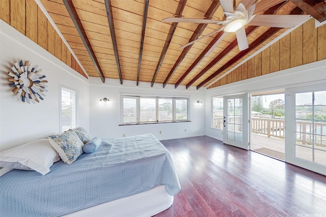 201 N Circle Mauka St, Wahiawa, HI 96786 - bedroom featuring wood ceiling, access to exterior, beam ceiling, dark wood-style floors, and multiple windows