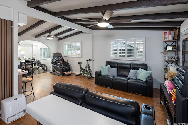2283 Anapanapa St, Pearl City, HI 96782 - living area featuring ceiling fan, wood finished floors, and arched walkways