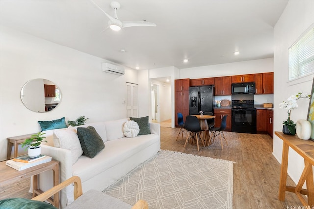 458 Manawai St Unit 512, Kapolei, HI 96707 - living area with a wall mounted air conditioner, light wood-style flooring, a ceiling fan, and recessed lighting