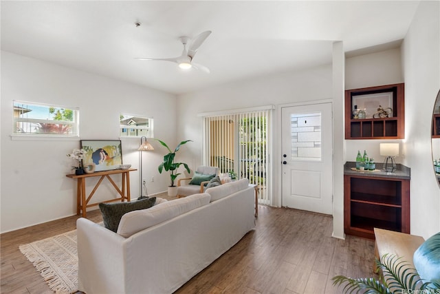 458 Manawai St Unit 512, Kapolei, HI 96707 - living area featuring a ceiling fan and wood finished floors