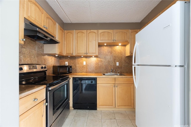 430 Keoniana St Unit 1007, Honolulu, HI 96815 - kitchen with black appliances, under cabinet range hood, light brown cabinetry, a sink, and a textured ceiling