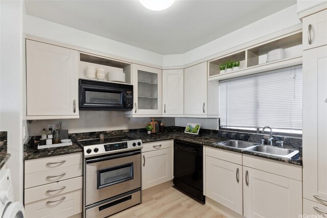 1910 Ala Moana Blvd Unit 19C, Honolulu, HI 96815 - kitchen with open shelves, black appliances, a sink, white cabinets, and light wood-style floors