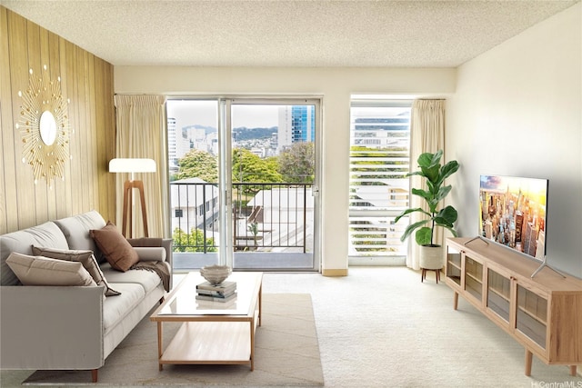 725 Piikoi St Unit 405, Honolulu, HI 96814 - living room with carpet flooring, wooden walls, and a textured ceiling
