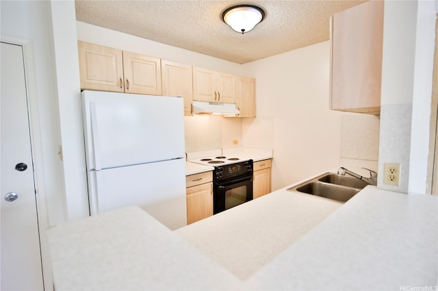 725 Piikoi St Unit 405, Honolulu, HI 96814 - kitchen with freestanding refrigerator, black electric range, under cabinet range hood, a sink, and light brown cabinetry