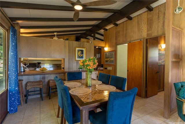 41-1025 Nenue St, Waimanalo, HI 96795 - dining area featuring light tile patterned flooring, wooden walls, and ceiling fan