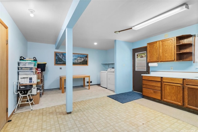 94-046 Puanane Pl, Mililani, HI 96789 - kitchen with separate washer and dryer, open shelves, brown cabinets, light countertops, and recessed lighting