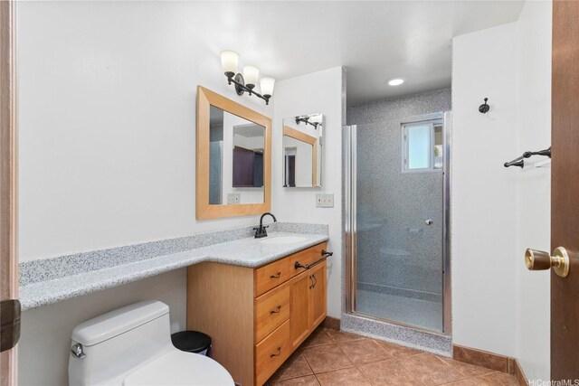 94-046 Puanane Pl, Mililani, HI 96789 - bathroom with vanity, toilet, tile patterned flooring, an enclosed shower, and recessed lighting