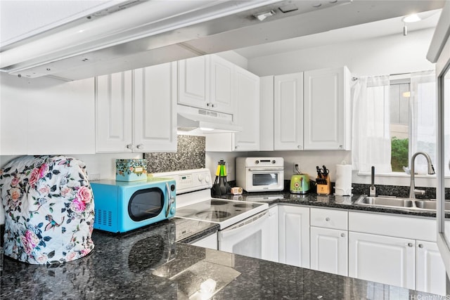 2290 Akepa St, Pearl City, HI 96782 - kitchen with under cabinet range hood, electric stove, a sink, white cabinets, and dark stone counters