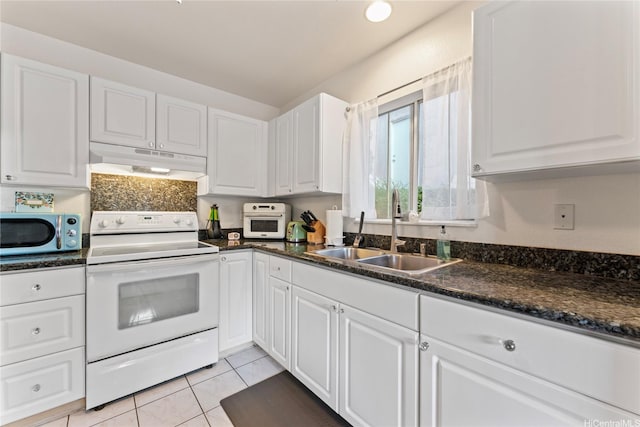 2290 Akepa St, Pearl City, HI 96782 - kitchen with under cabinet range hood, electric stove, a sink, and white cabinetry