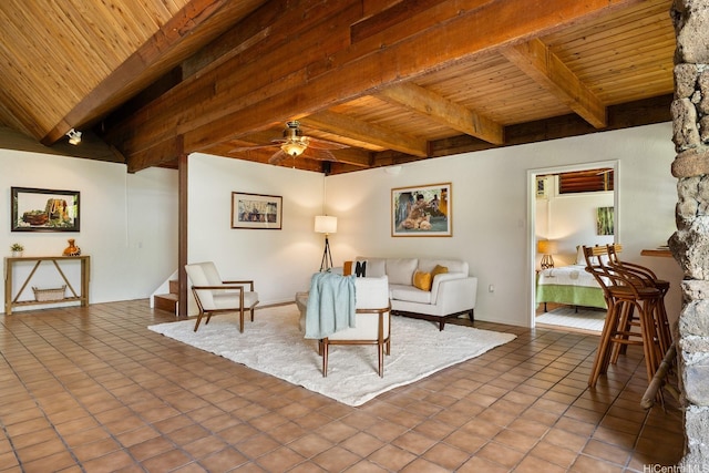 337 Wanaao Rd, Kailua, HI 96734 - tiled living area with wood ceiling with exposed beams and a ceiling fan