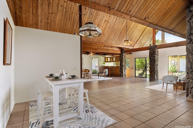 337 Wanaao Rd, Kailua, HI 96734 - tiled dining area featuring high vaulted ceiling, wood ceiling with exposed beams, ceiling fan, and baseboards