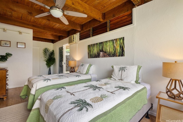 337 Wanaao Rd, Kailua, HI 96734 - bedroom with wood ceiling with exposed beams, wood finished floors, baseboards, and ceiling fan