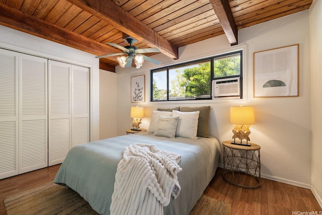 337 Wanaao Rd, Kailua, HI 96734 - bedroom featuring cooling unit, baseboards, wood ceiling with exposed beams, wood finished floors, and a closet