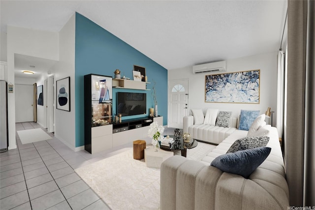 91-127 Puaina Pl, Ewa Beach, HI 96706 - living area featuring a wall mounted AC, light tile patterned flooring, high vaulted ceiling, and baseboards