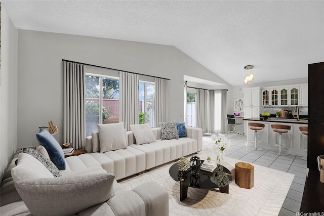 91-127 Puaina Pl, Ewa Beach, HI 96706 - living room with lofted ceiling, a textured ceiling, and light tile patterned floors